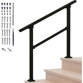 Metty Metal Handrails for Outdoor Steps Suitable for 1 to 5 Steps- Wrought Iron Stair Railing- Step Steady with 5 Feet Handrailing- Safe Indoor Home Banisters (Black-Single, 2 Step)