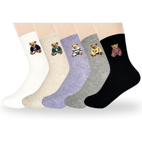 5 Pairs Cute Bear Cotton Crew Socks, Size 4-7
