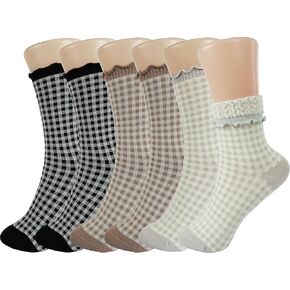 BomKinta Checkered Ruffle Socks Women - Cute Plaid Frilly Sock - Casual Crew Cotton Socks Size 5-9