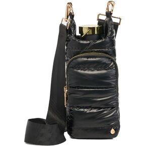 Original HydroBag | Quilted Water Bottle Holder with Strap | Tote Bottle Carrier Crossbody Bag with Pockets | Carry 32 oz Water Bottle, Tumbler, Phone, Purse | Shiny Black, Gold Hardware