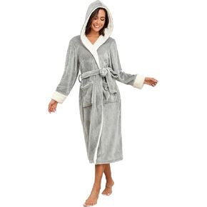 RONGTAI Womens Plush Fleece Hooded Bathrobe, Thick Nightgown Long Robe Sleepwear with Two Side Pockets and Belt in Kuwait