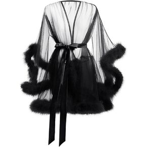 OhMill Women's Tulle Robe Feather Robe Sexy Lingerie Transparent Nightgown Boudoir Bathrobe Nightgown Photo Wedding Party, Medium, Black