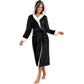 RONGTAI Womens Plush Fleece Hooded Bathrobe, Thick Nightgown Long Robe Sleepwear with Two Side Pockets and Belt