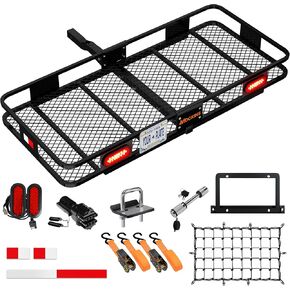 Mockins 60"x20"x6" Folding Trailer Hitch Cargo Carrier Hitch Mount | 500Lbs. Cap Car Carrier Tow Hitch Rack | Weatherproof Steel Luggage Rack for SUV & Car w/License Plate Holder, Rear Lights & More