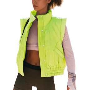 Ainangua Women Cropped Puffer Vest Button Sleeveless Light Jacket Scrunch Stand Collar Essentials Gilet with Pockets