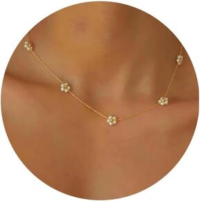 Daisy Pearl Necklaces for Women, Dainty Gold Necklace Gold Plated Cute Flower Necklace Handmade Simple Flower Choker Necklaces for Women Trendy Short Gold Necklace Jewelry for Women