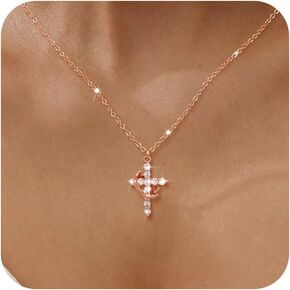 Tewiky Diamond Cross Necklace for women-Dainty 14k Gold Cubic Zirconia Pendant Necklaces Simple Gold Cross Pendant Necklace Cute Tiny Gold Jewelry