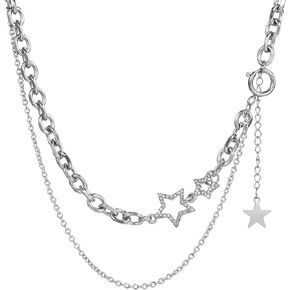 Double Layered Stacked Chunky Chain Choker Necklace For Women Y2k Star Statement Necklaces Silver Punk Asymmetric Diamond Necklace Jewelry