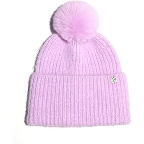 WKF Wool Blend Womens Winter Knitted Beanie Hat with Faux Fur Pom, Warm Knit Skull Cap Beanie for Women