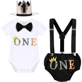 IBTOM CASTLE Baby Boys Lion Wild One Safari Jungle 1st Birthday Romper Outfits Photography Suspenders Crown Bloomers Clothes