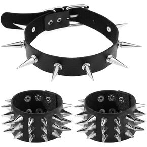 Soft Faux Leather Choker Collar with Spiked,Punk Rock Necklace and Bracelets Emo Jewelry Set for Women Men Cosplay