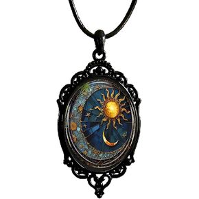 Gothic Glass Pendant Necklace for Women Sun Moon Charm Necklace Vintage Celestial Lunar Solar Cameo Necklace Gothic Rope Chain Mystic Witch Jewelry Accessories