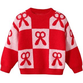 SweatyRocks Girl's Long Sleeves Sweater Plaid Bow Print Crew Neck Cute Knitted Pullover Top