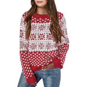 Girls Christmas Pullover Sweaters Reindeer Elk Snow Long Sleeve Crew Neck Chunky Tops