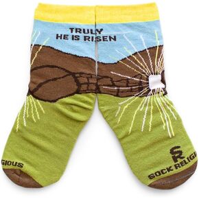 Sock Religious Empty Tomb Truly He Is Risen Green Brown Boys and Girl's One Size Fits Most Polyester Blend Catholic Inspirational Fun Crew Socks, Kids