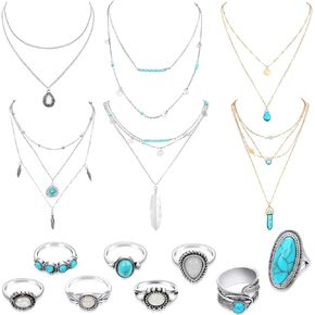 CHENGU 14 Pcs Western Jewelry for Women Boho Turquoise Necklace Rings Jewelry Set Bohemian Joint Knuckle Rings Set for Women (Classic Style)