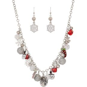 Madison Tyler Christmas Charm Jewelry Set for Women | Statement Christmas Snowball Snowman Snowflake | Bells Necklace | Dangle Silver Snowflake Earrings | Xmas Holiday Necklaces Gifts for Girls