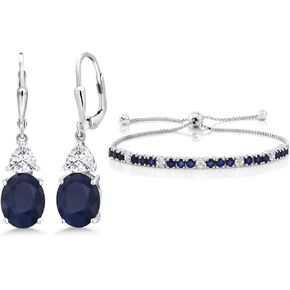 Gem Stone King Blue Sapphire Tennis Bracelet and Dangle Earrings Set in 925 Sterling Silver | Fully Adjustable Up to 9 Inch | September Birthstone | Silver Earrings | Jewelry Set for Women
