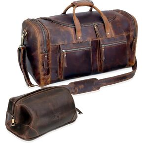 Vintage Leather Travel Duffel Bag with Toiletry Dopp Kit and Laundry Bag, Weekender Overnight bag Luggage Carry-On Bag Leather Gym Overnight Luggage Bag for Men or Women Brown