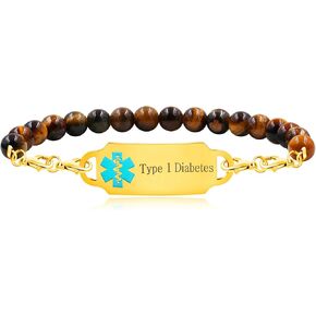 Handmade Tiger-Eye Stone Personalized Medical Alert Bracelet - Gold Color Custom ID Name Bracelet for Men Women Elderly First Aid Jewelry (YA5048)