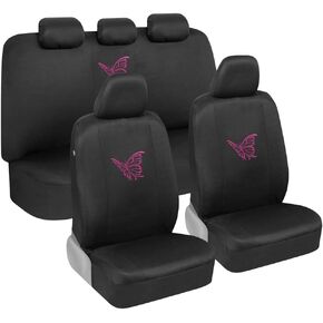 BDK Pink Butterflies Car Seat Covers for Women, Full Set with Steering Wheel Cover and Seat Belt Pads – Front and Rear Covers with Matching Embroidered Accessories, Fits Most Car Truck Van SUV