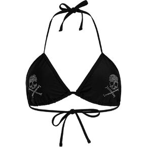 WDIRARA Women's Goth Skull Triangle Halter Bikini Top Rhinestone Tie Back Swimsuit Tops Swimwear