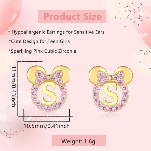 925 Sterling Silver Earrings for Girl Women: Hypoallergenic Initial Earrings with Pink Cubic Zirconia White Gold/Gold Cute Earrings Studs for Sensitive Ears Chirstmas Birthday Gifts in Kuwait