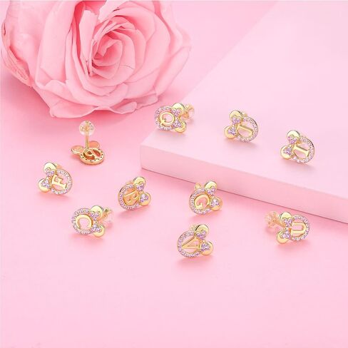 925 Sterling Silver Earrings for Girl Women: Hypoallergenic Initial Earrings with Pink Cubic Zirconia White Gold/Gold Cute Earrings Studs for Sensitive Ears Chirstmas Birthday Gifts in Kuwait