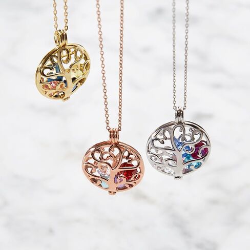 قلادة نسائية مطلية بالذهب مخصصة مقاس 6 مم مستديرة مقلدة لشجرة العائلة في قفص (سلسلة 16 بوصة) - قلادة شجرة العائلة مع أحجار الميلاد - قلادة متعددة من أحجار الميلاد - هدايا للأم - هدايا للأم in Kuwait