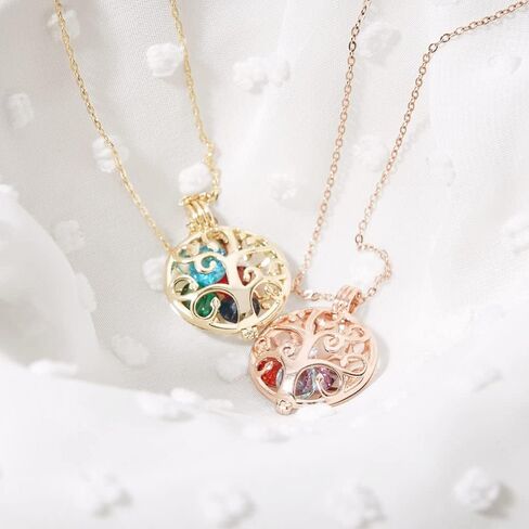 قلادة نسائية مطلية بالذهب مخصصة مقاس 6 مم مستديرة مقلدة لشجرة العائلة في قفص (سلسلة 16 بوصة) - قلادة شجرة العائلة مع أحجار الميلاد - قلادة متعددة من أحجار الميلاد - هدايا للأم - هدايا للأم in Kuwait