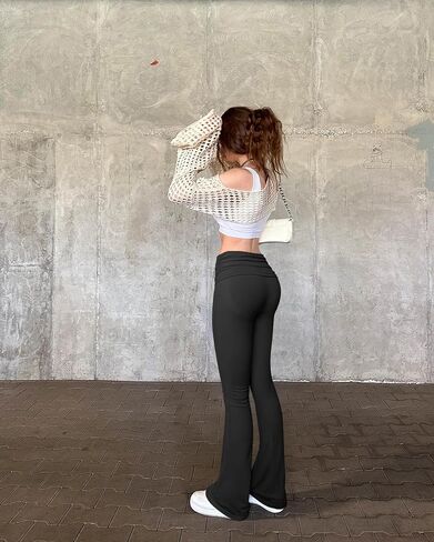 OQQ Women's Flared Pants Stretch High Waist Fold Over Ruched Casual Workout Yoga Leggings in Saudi Arabia