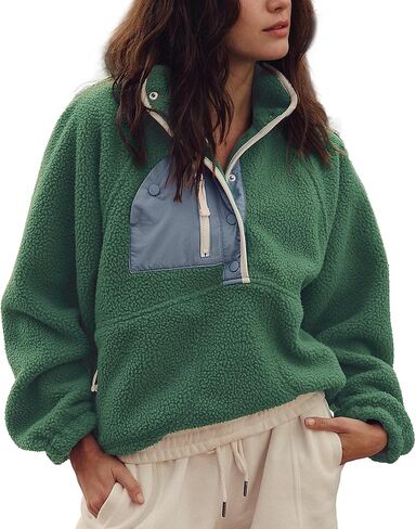 Hixiaohe Women Sweatshirt Sherpa Casual Lapel Cropped Pullover Long Sleeve Button Down Fuzzy Fleece Jacket with Pocket in Kuwait