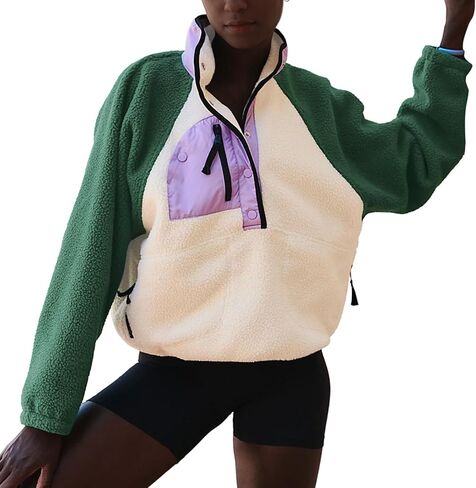 Hixiaohe Women Sweatshirt Sherpa Casual Lapel Cropped Pullover Long Sleeve Button Down Fuzzy Fleece Jacket with Pocket in Saudi Arabia