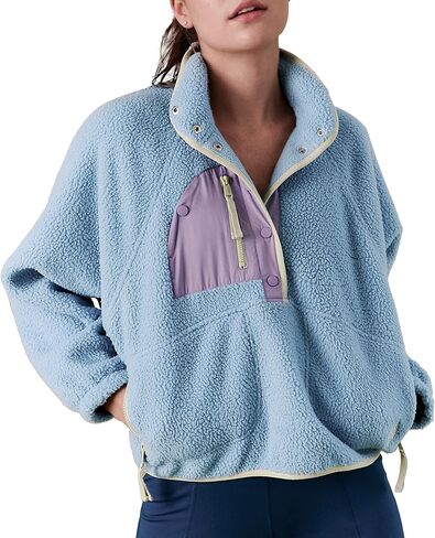 Hixiaohe Women Sweatshirt Sherpa Casual Lapel Cropped Pullover Long Sleeve Button Down Fuzzy Fleece Jacket with Pocket in Saudi Arabia