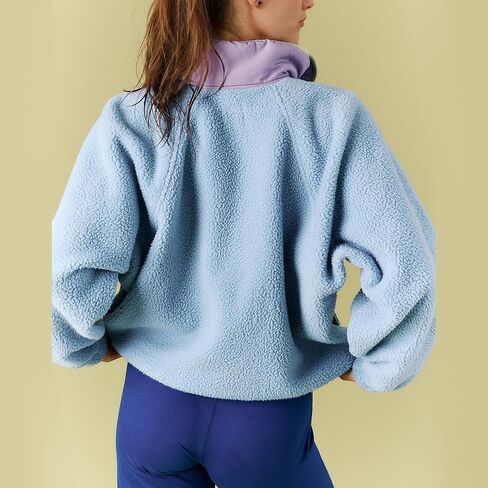 Hixiaohe Women Sweatshirt Sherpa Casual Lapel Cropped Pullover Long Sleeve Button Down Fuzzy Fleece Jacket with Pocket in Saudi Arabia