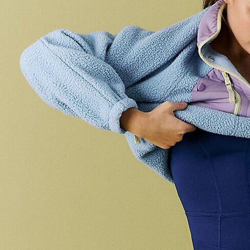 Hixiaohe Women Sweatshirt Sherpa Casual Lapel Cropped Pullover Long Sleeve Button Down Fuzzy Fleece Jacket with Pocket in Saudi Arabia