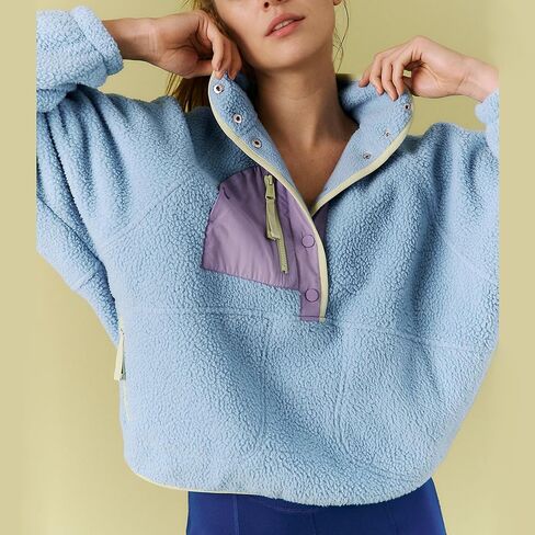 Hixiaohe Women Sweatshirt Sherpa Casual Lapel Cropped Pullover Long Sleeve Button Down Fuzzy Fleece Jacket with Pocket in Saudi Arabia