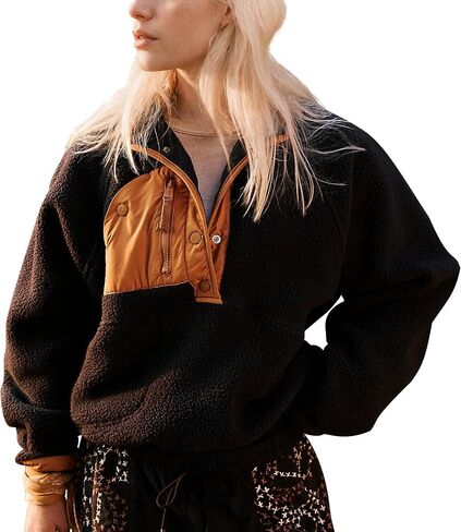 Hixiaohe Women Sweatshirt Sherpa Casual Lapel Cropped Pullover Long Sleeve Button Down Fuzzy Fleece Jacket with Pocket in Saudi Arabia