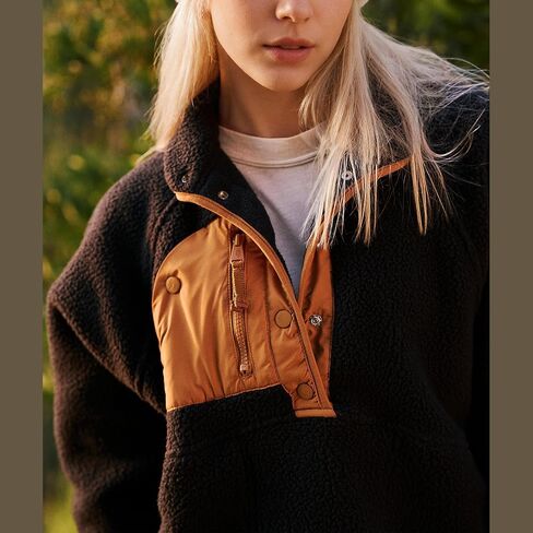 Hixiaohe Women Sweatshirt Sherpa Casual Lapel Cropped Pullover Long Sleeve Button Down Fuzzy Fleece Jacket with Pocket in Saudi Arabia
