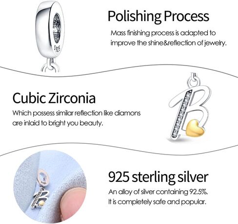 Pandach 925 Sterling Silver Alphabet Initial Letters Charms Complete A-Z Solid Silver Cubic Zircons Beads Dangle Pendants for European Bracelets Necklace Women Holiday Gifts in Kuwait