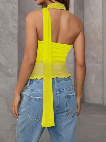 Milumia Women Bandeau Tops Ruched Mesh Halter Shirts with Scarf in Kuwait