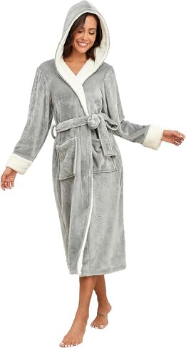 RONGTAI Womens Plush Fleece Hooded Bathrobe, Thick Nightgown Long Robe Sleepwear with Two Side Pockets and Belt in Kuwait