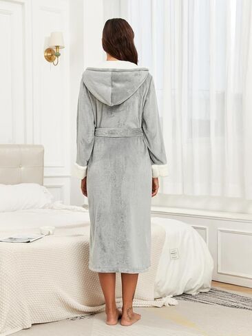 RONGTAI Womens Plush Fleece Hooded Bathrobe, Thick Nightgown Long Robe Sleepwear with Two Side Pockets and Belt in Kuwait