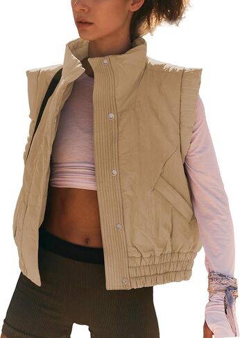 Ainangua Women Cropped Puffer Vest Button Sleeveless Light Jacket Scrunch Stand Collar Essentials Gilet with Pockets in Kuwait