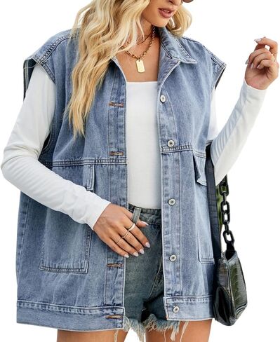 FindThy Women’s Vintage Denim Jean Vest Oversized Button Down Jean Waistcoat Gilet in Saudi Arabia