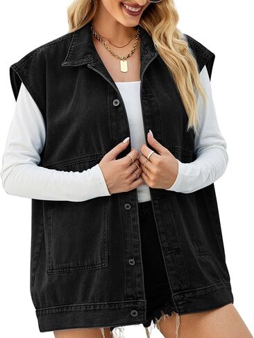FindThy Women’s Vintage Denim Jean Vest Oversized Button Down Jean Waistcoat Gilet in Saudi Arabia