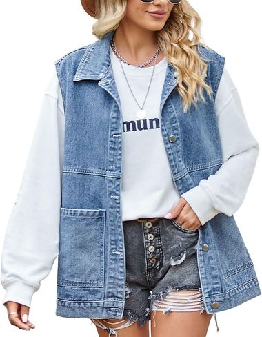 FindThy Women’s Vintage Denim Jean Vest Oversized Button Down Jean Waistcoat Gilet in Saudi Arabia