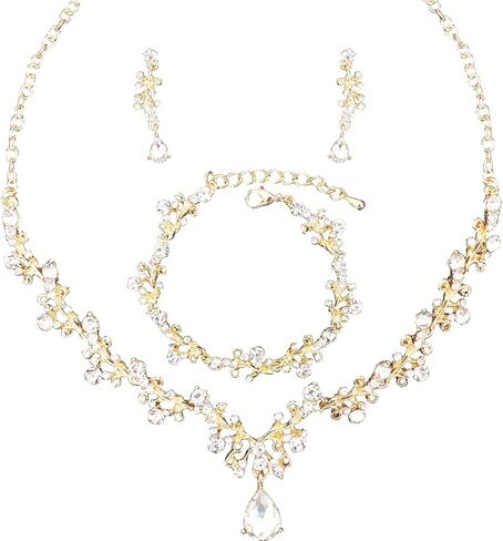 3Pcs Austrian Crystal Jewelry Set for Women, Necklace Dangle Earrings Link Bracelet Jewelry Set with Gold/Platinum/Gun Plated, Wedding Party Jewelry for Bridal Bridesmaid in Saudi Arabia
