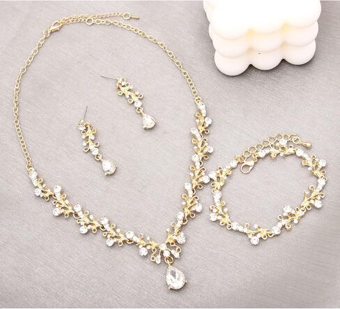 3Pcs Austrian Crystal Jewelry Set for Women, Necklace Dangle Earrings Link Bracelet Jewelry Set with Gold/Platinum/Gun Plated, Wedding Party Jewelry for Bridal Bridesmaid in Saudi Arabia