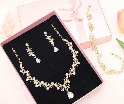 3Pcs Austrian Crystal Jewelry Set for Women, Necklace Dangle Earrings Link Bracelet Jewelry Set with Gold/Platinum/Gun Plated, Wedding Party Jewelry for Bridal Bridesmaid in Saudi Arabia